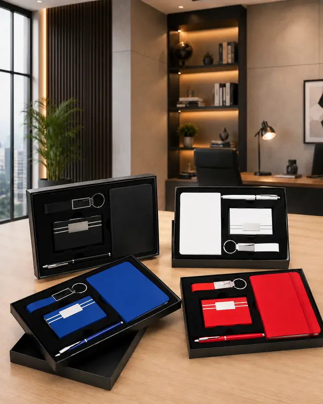 Kit de boas-vindas corporativo com caderno, caneta, porta-cartões e chaveiro