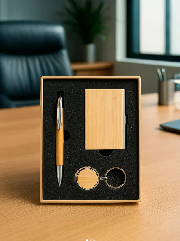 Kit com chaveiro e caneta personalizados em caixa