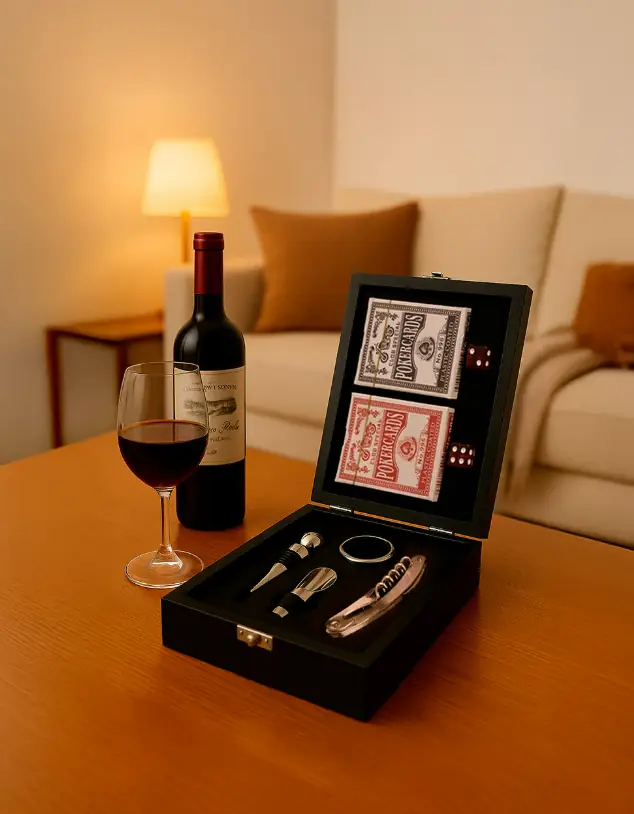 Kit vinho com acessórios e jogo de cartas personalizado
